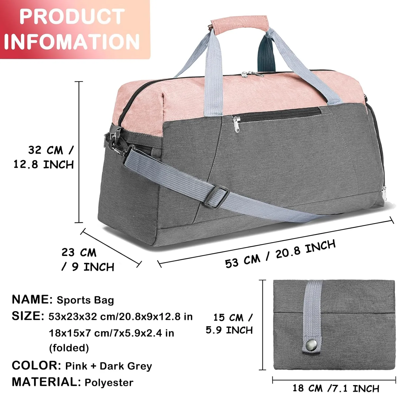 Gym Bags for Women Men with Wet & Shoe Compartment, 40L Foldable Travel Duffle Bag, Lightweight Weekender Overnight Duffel Bag for Traveling Sports Gym(Pink)