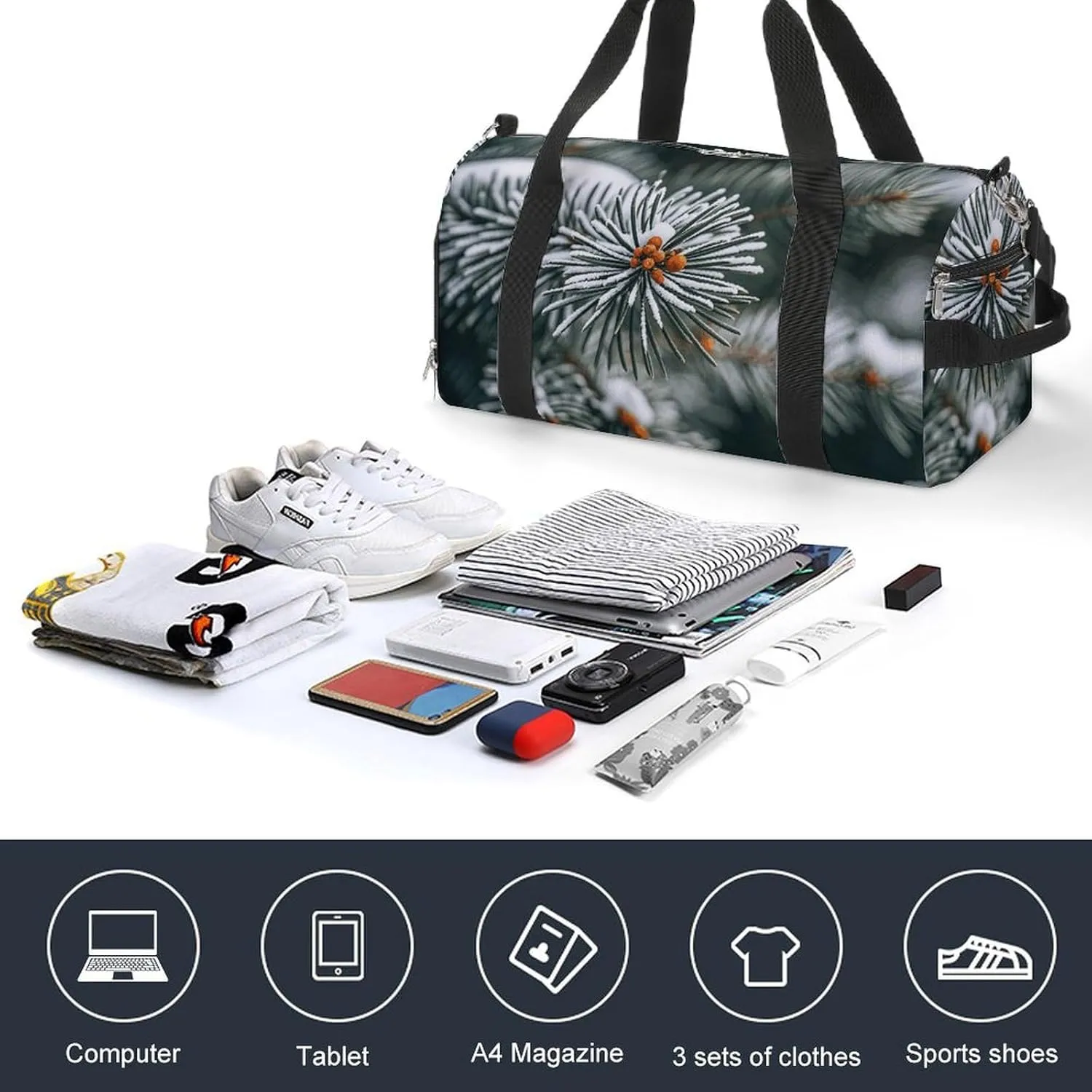 Gym Bags Small Pine Needle Tree Winter Duffel Bag Overnight Bag with Shoe Compartment Carryon Bag for Men Women