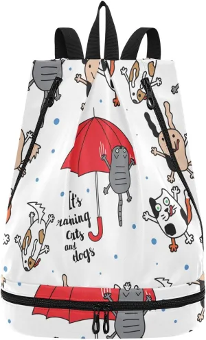 Gym Drawstring Bags Daypacks Backpack Purse Casual Knapsack Shoulder Bag Sitting Rucksack Swimming Equipment Bags Print Funny Cats Dogs Red Umbrella Raindrops