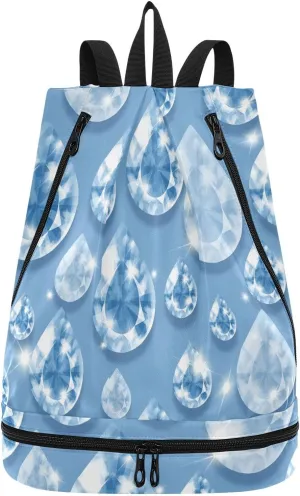 Gym Drawstring Bags Daypacks Backpack Purse Casual Knapsack Shoulder Bag Sitting Rucksack Swimming Equipment Bags Print Glitter Blue Rain Droplet Gems Seamless