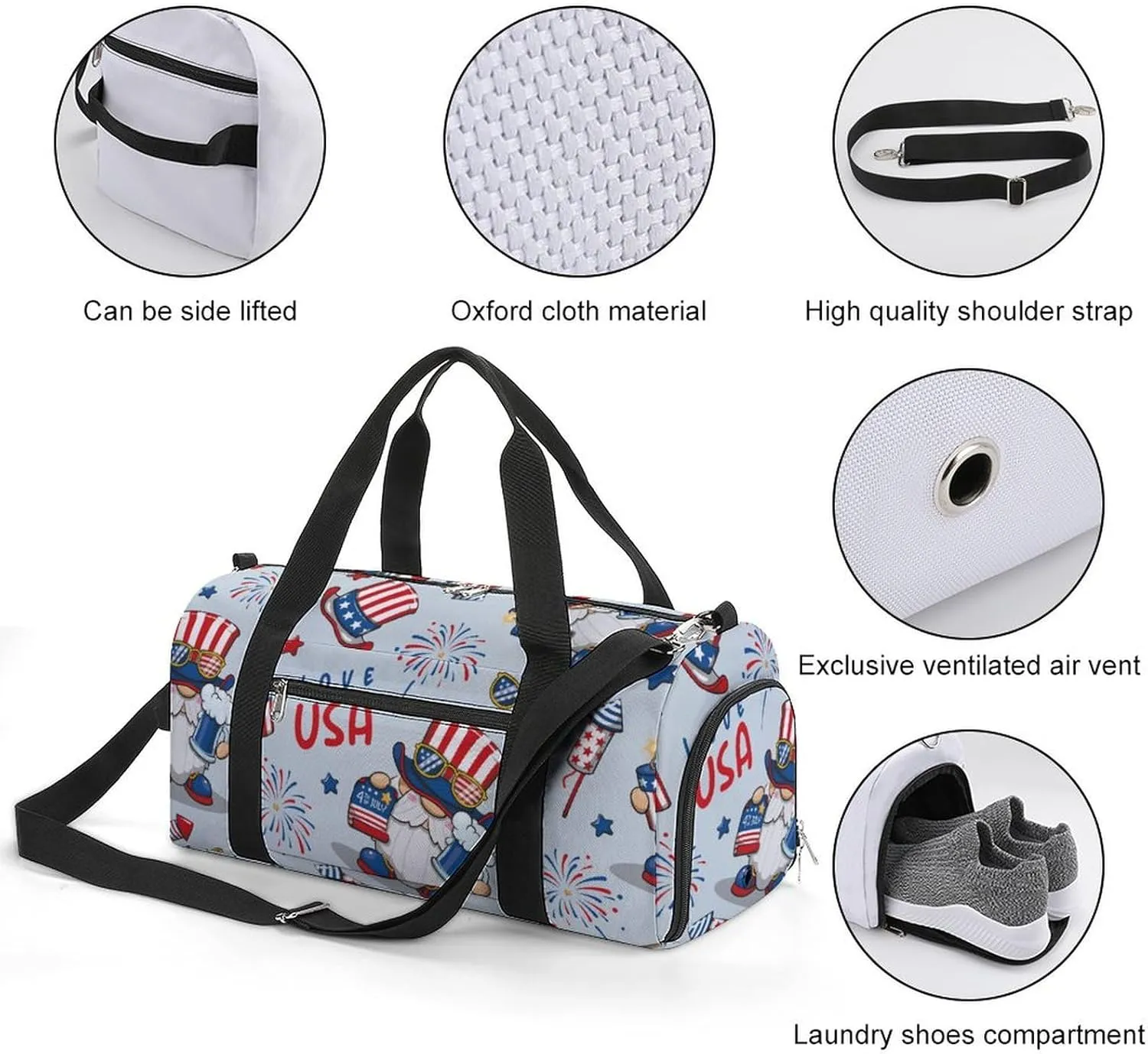 Gym Duffel Bag with Shoe Compartment Wet Pocket, 4th July America Cute Travel Bag for Men Women