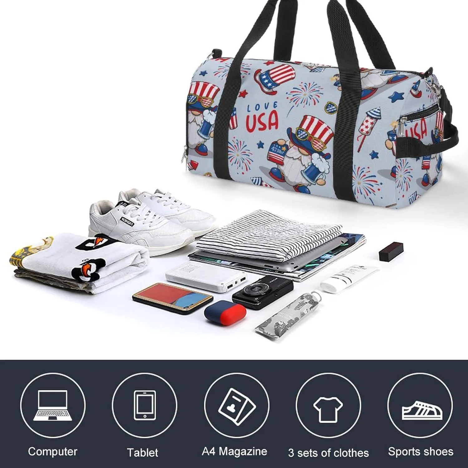 Gym Duffel Bag with Shoe Compartment Wet Pocket, 4th July America Cute Travel Bag for Men Women
