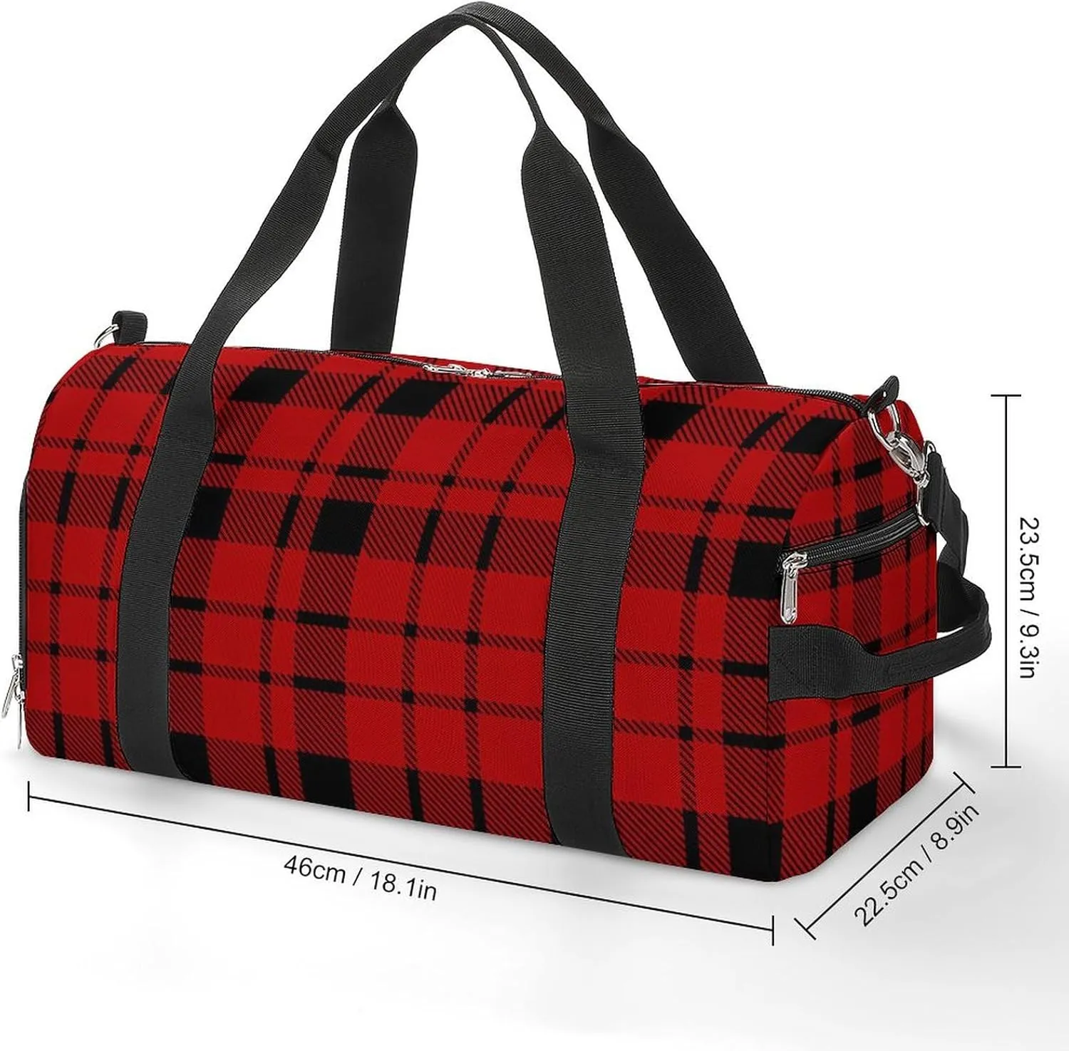 Gym Duffel Bag with Shoe Compartment Wet Pocket, Black Red Plaids Travel Bag for Men Women
