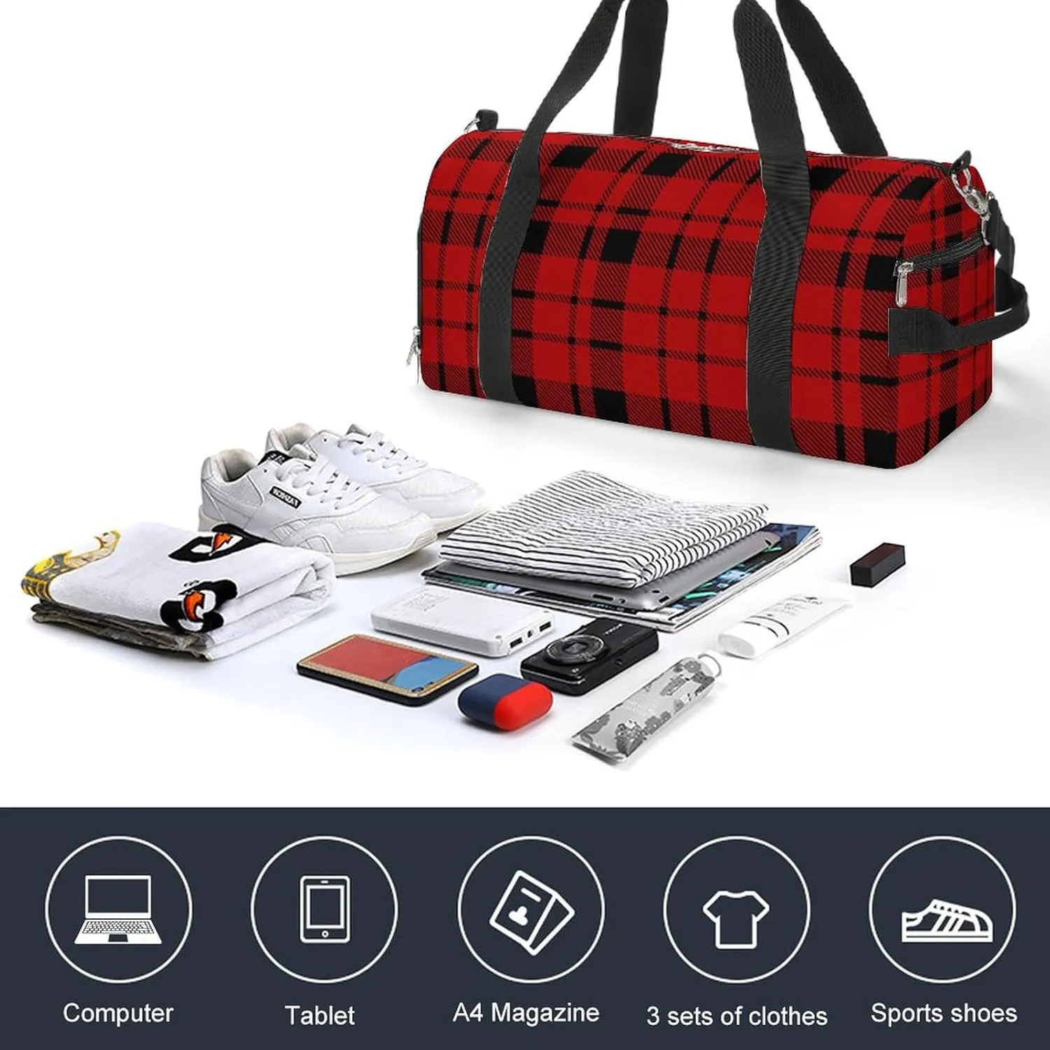 Gym Duffel Bag with Shoe Compartment Wet Pocket, Black Red Plaids Travel Bag for Men Women