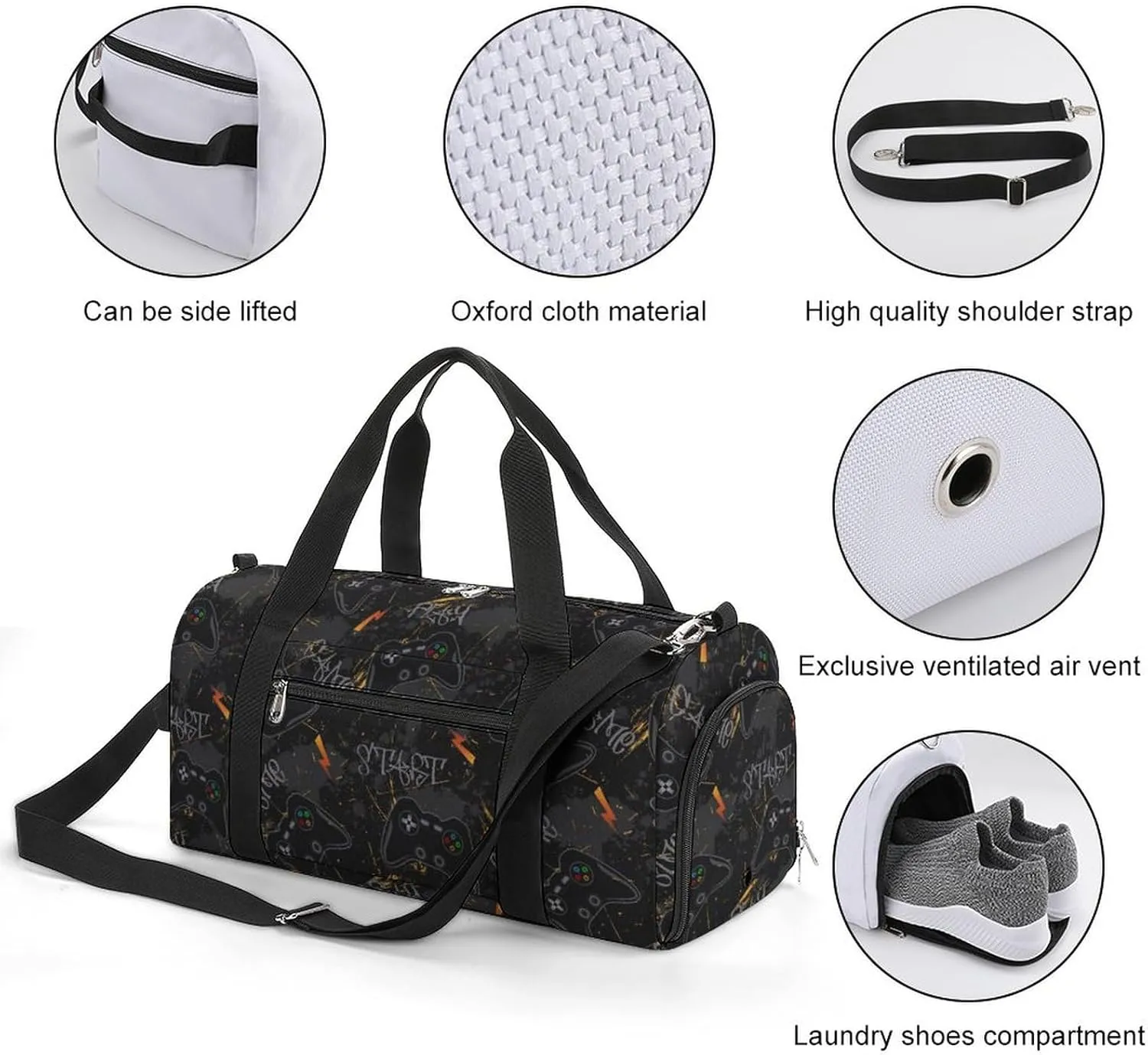 Gym Duffel Bag with Shoe Compartment Wet Pocket, Guys with Game Joysticks Travel Bag for Men Women