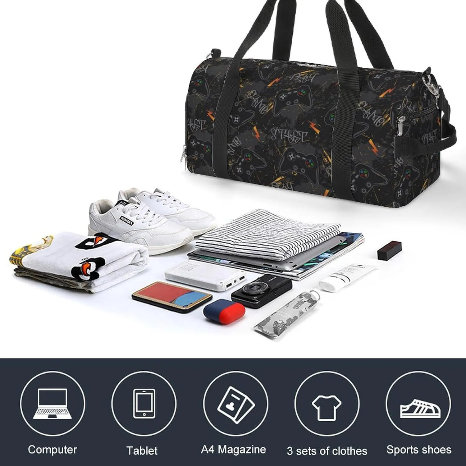 Gym Duffel Bag with Shoe Compartment Wet Pocket, Guys with Game Joysticks Travel Bag for Men Women