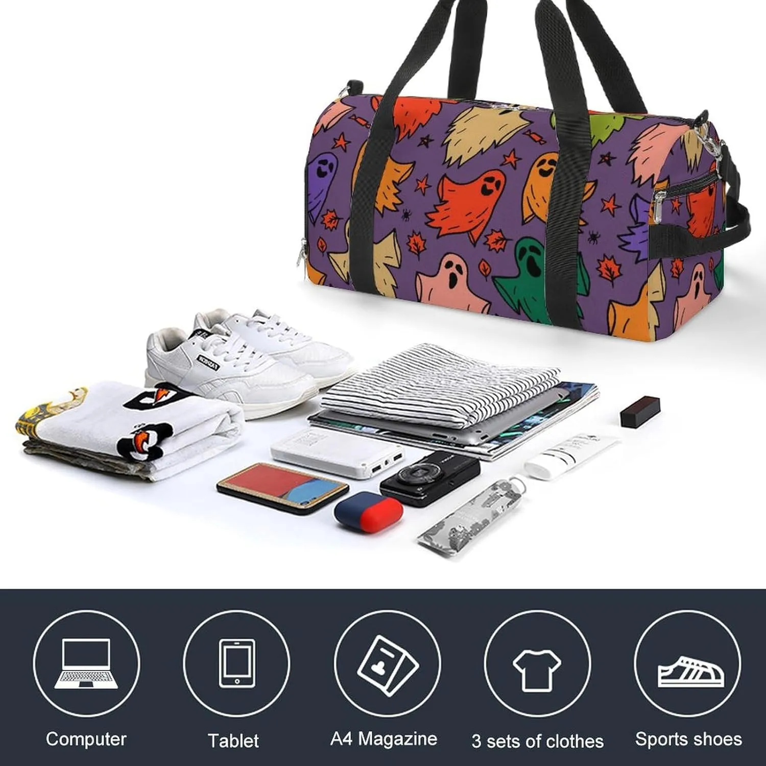 Gym Duffel Bag with Shoe Compartment Wet Pocket, Halloween Cute Ghosts Travel Bag for Men Women