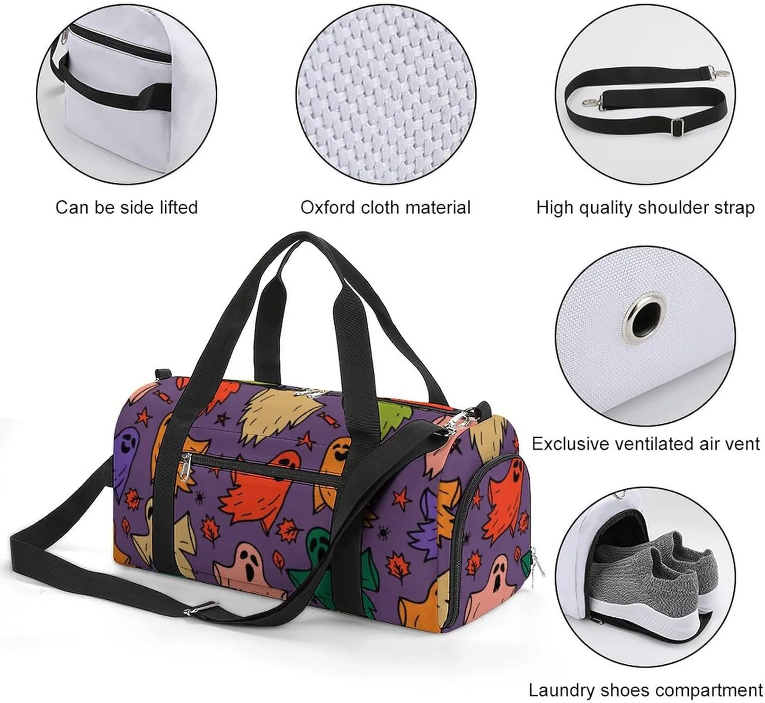 Gym Duffel Bag with Shoe Compartment Wet Pocket, Halloween Cute Ghosts Travel Bag for Men Women