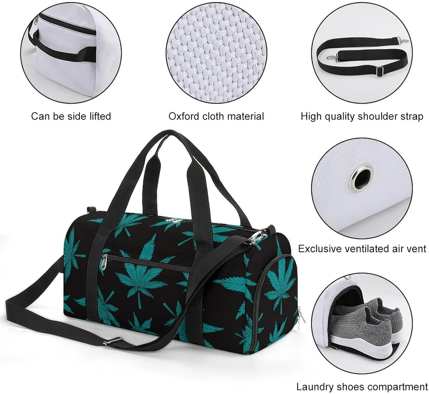 Gym Duffel Bag with Shoe Compartment Wet Pocket, Hemps Leaf Travel Bag for Men Women