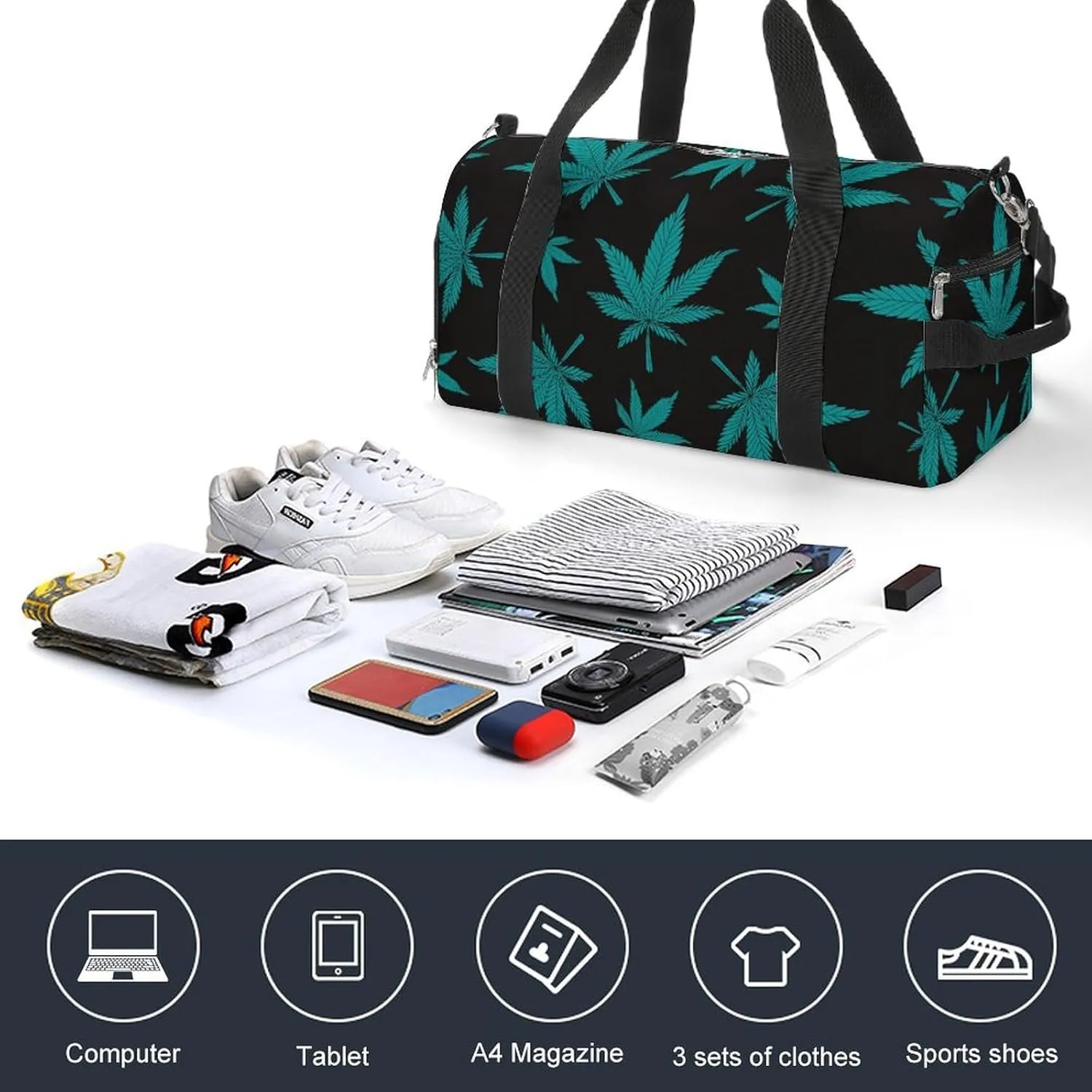 Gym Duffel Bag with Shoe Compartment Wet Pocket, Hemps Leaf Travel Bag for Men Women