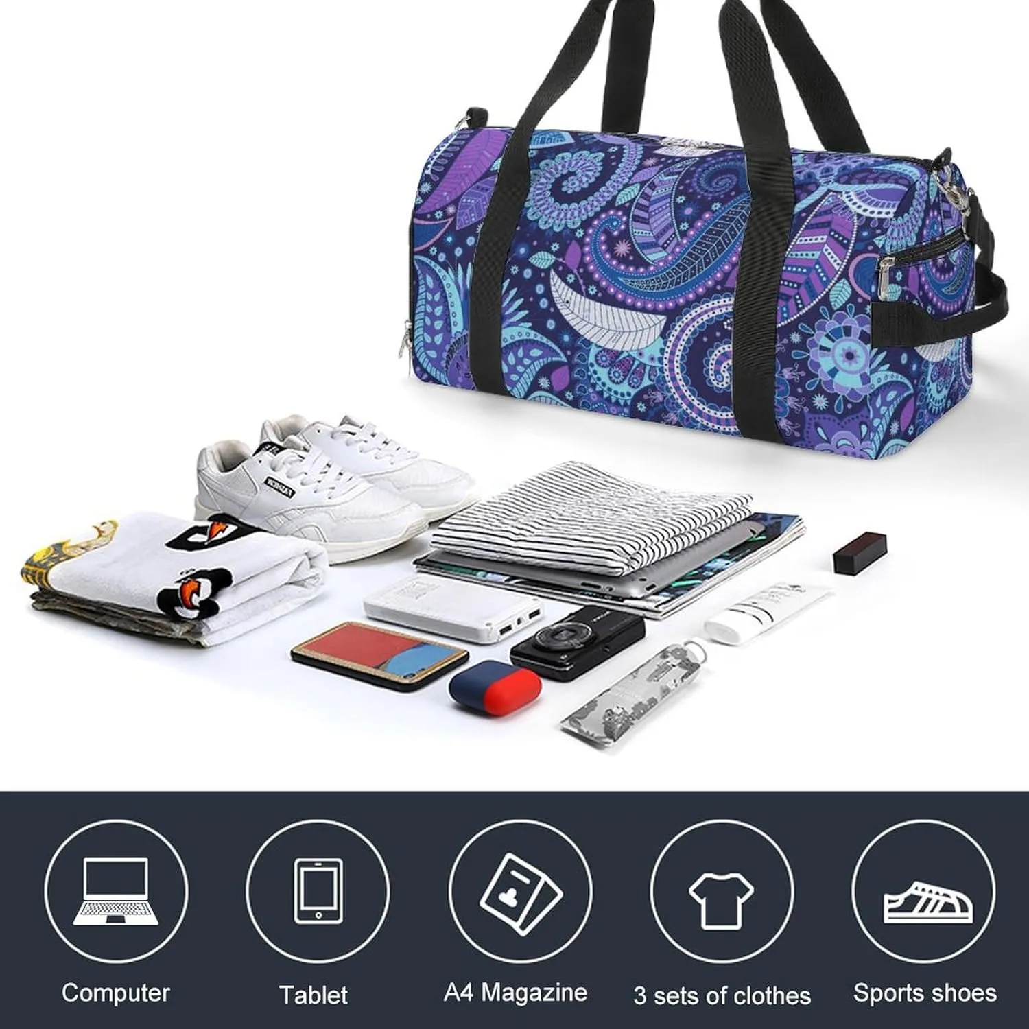 Gym Duffel Bag with Shoe Compartment Wet Pocket, Indian Paisley Travel Bag for Men Women