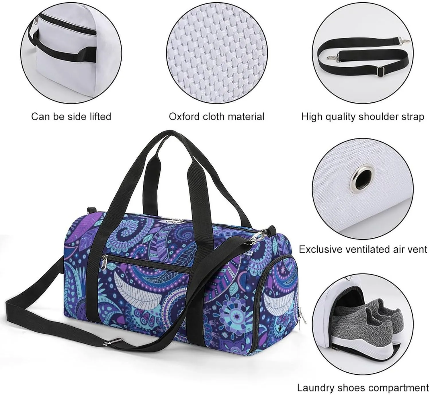 Gym Duffel Bag with Shoe Compartment Wet Pocket, Indian Paisley Travel Bag for Men Women