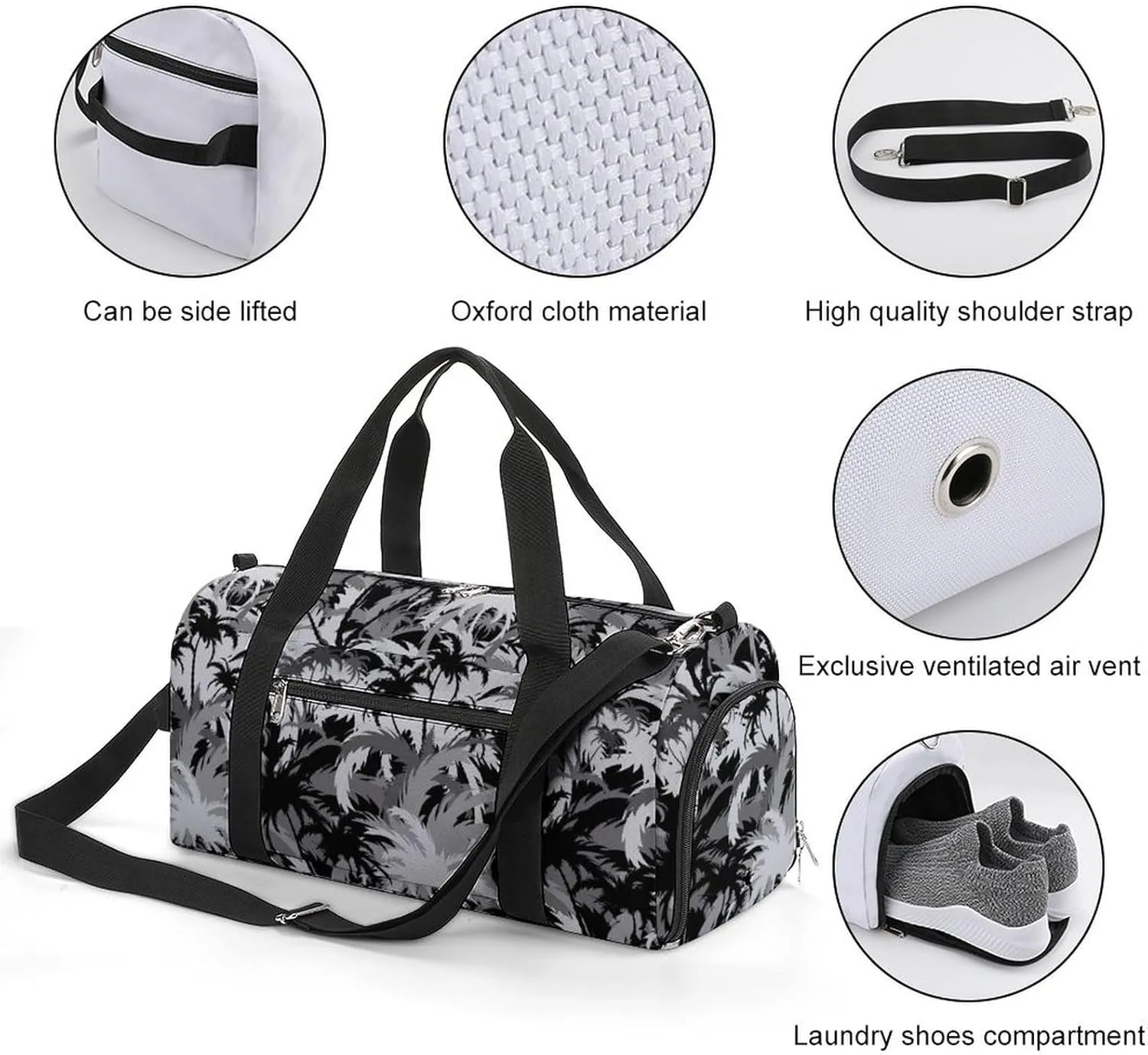 Gym Duffel Bag with Shoe Compartment Wet Pocket, Tropical Tree Black And White Travel Bag for Men Women