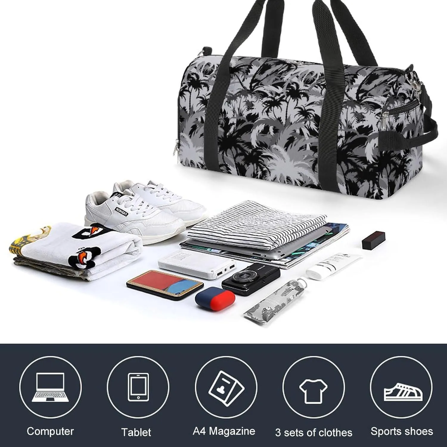 Gym Duffel Bag with Shoe Compartment Wet Pocket, Tropical Tree Black And White Travel Bag for Men Women