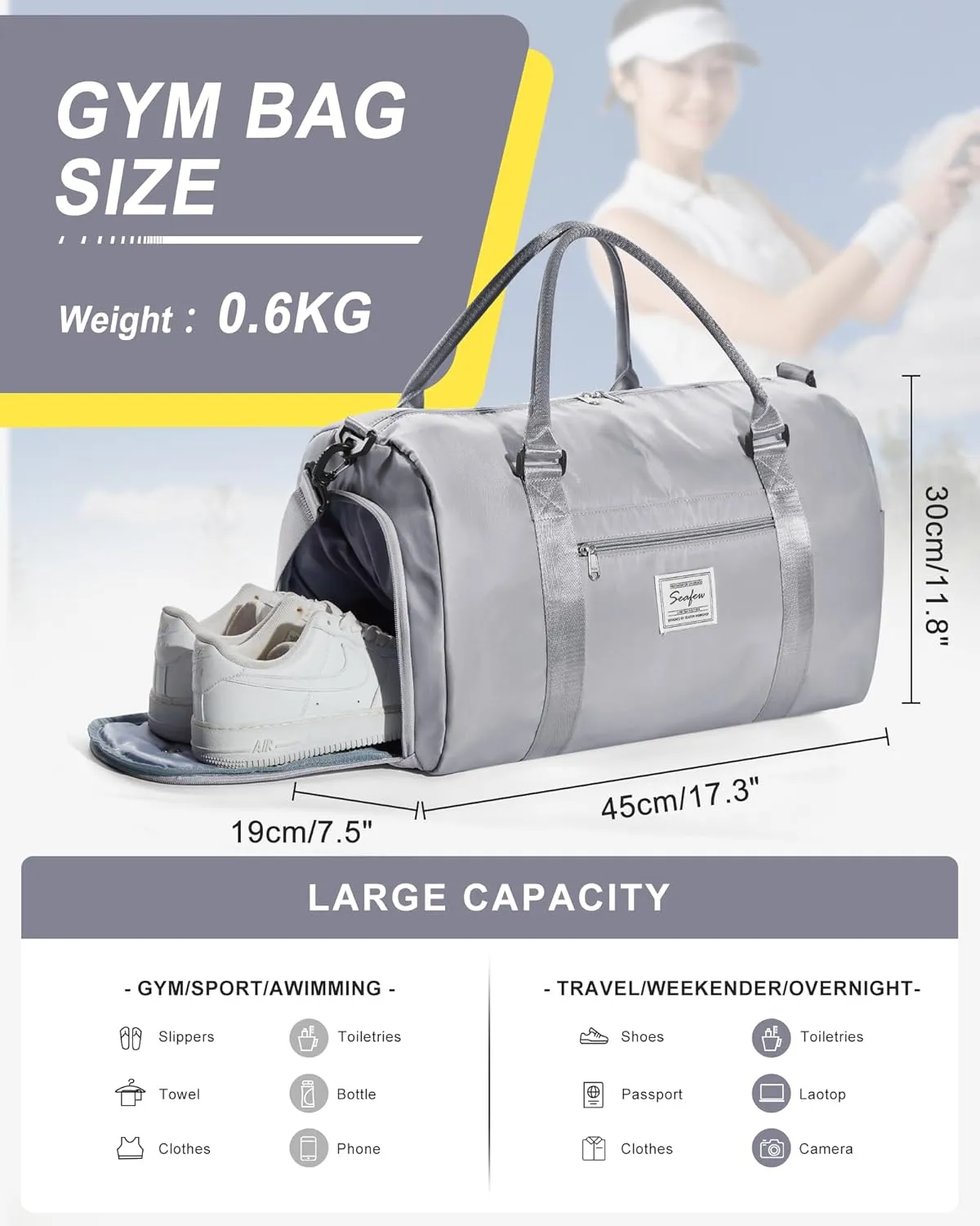 Gym Duffel With Shoes Compartment and Wet Pocket - Travel Bag for Women and Men - Waterproof Weekend Overnight Carry-on With Toiletry Bag for Sport, Plane, Hospital - Holdall Tote