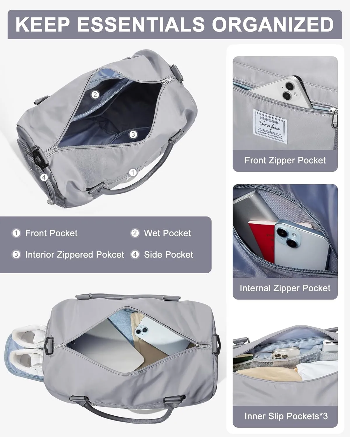 Gym Duffel With Shoes Compartment and Wet Pocket - Travel Bag for Women and Men - Waterproof Weekend Overnight Carry-on With Toiletry Bag for Sport, Plane, Hospital - Holdall Tote