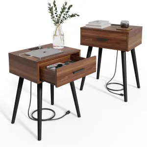 HAIOOU Set of 2 Mid Century Nightstand with Charging Station, End Table Modern Side Table One Drawer with Premium Matte Black Handle and Pine Wood Legs for Home Bedroom Living Room (NS006X)
