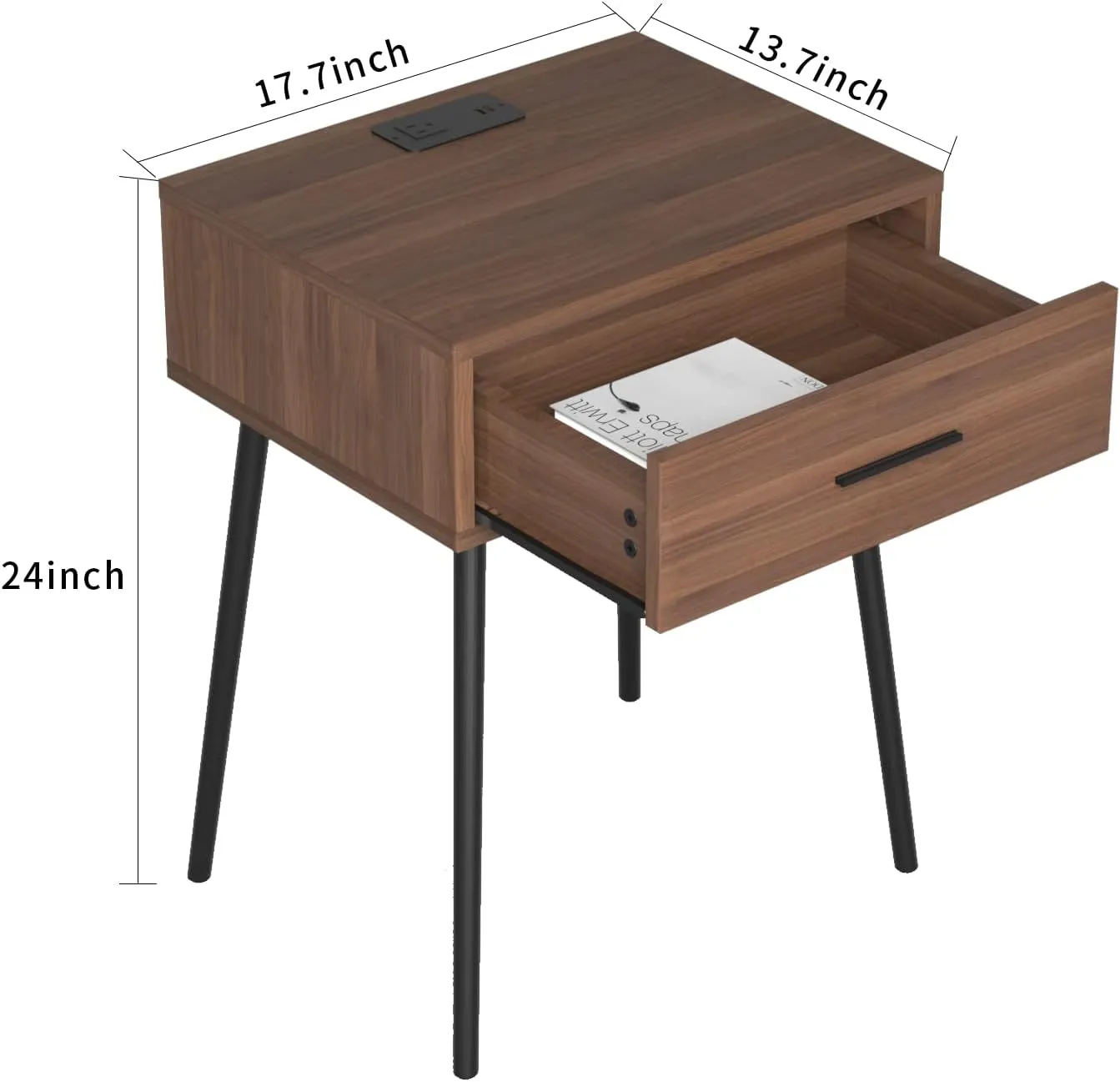 HAIOOU Set of 2 Mid Century Nightstand with Charging Station, End Table Modern Side Table One Drawer with Premium Matte Black Handle and Pine Wood Legs for Home Bedroom Living Room (NS006X)
