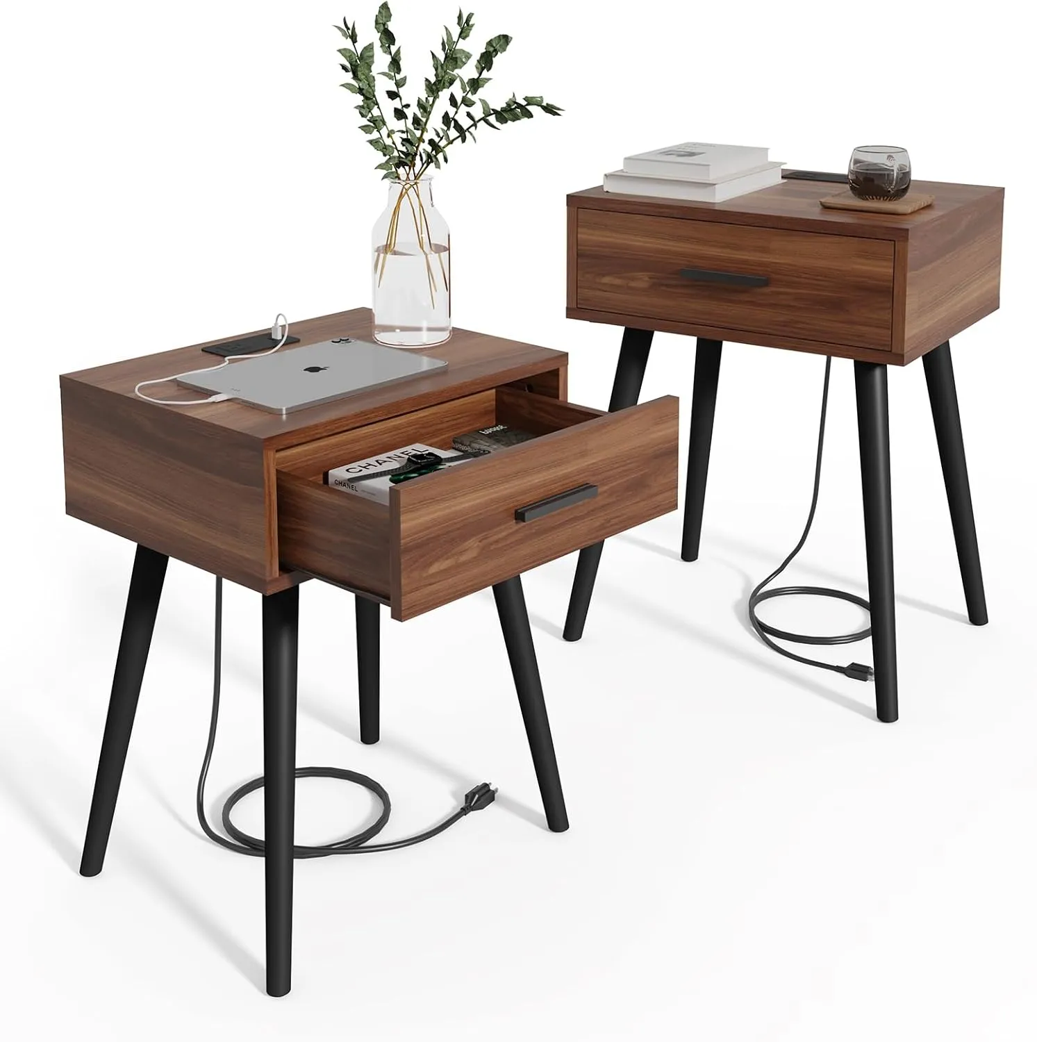 HAIOOU Set of 2 Mid Century Nightstand with Charging Station, End Table Modern Side Table One Drawer with Premium Matte Black Handle and Pine Wood Legs for Home Bedroom Living Room (NS006X)