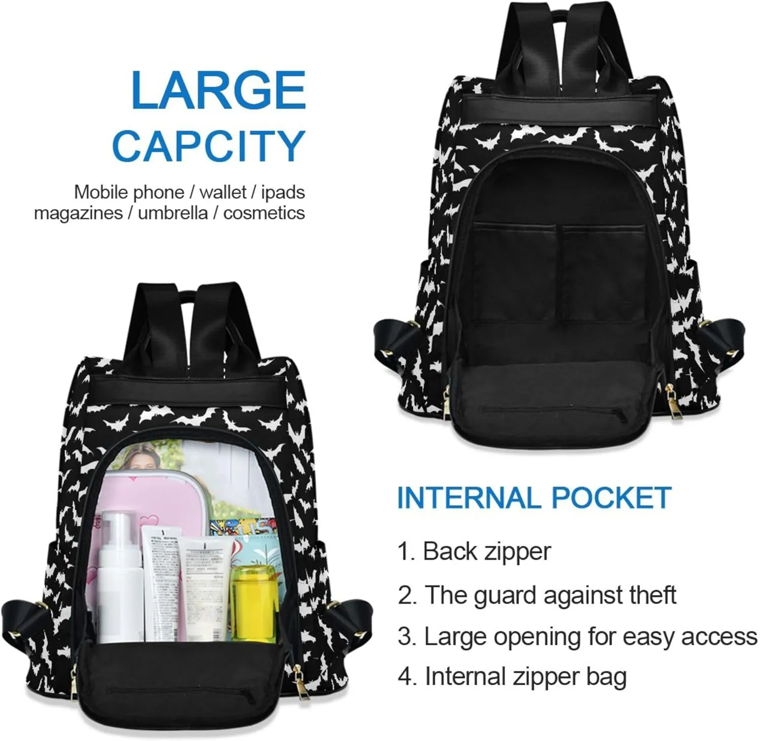 Halloween Bat Backpack Purse for Women Nylon Anti-theft Travel Backpack Fashion Back Pack Shoulder Bag