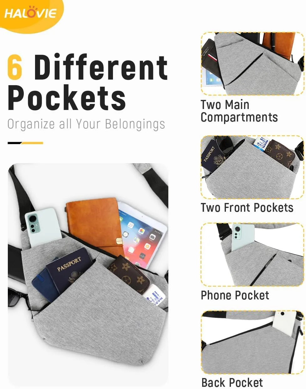 HALOVIE Anti Theft Bag Travel Slim Bags RFID Blocking Backpack Sling Bag Crossbody Purse for Women Men