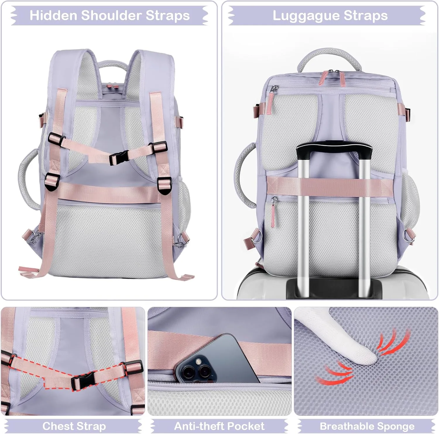 Hanples Travel Backpack for Women as Person Item Flight Approved, Large Carry On Backpack, 17.3 Inch Laptop Backpack, Waterproof Backpack, Hiking Backpack, Casual Bag (Purple)
