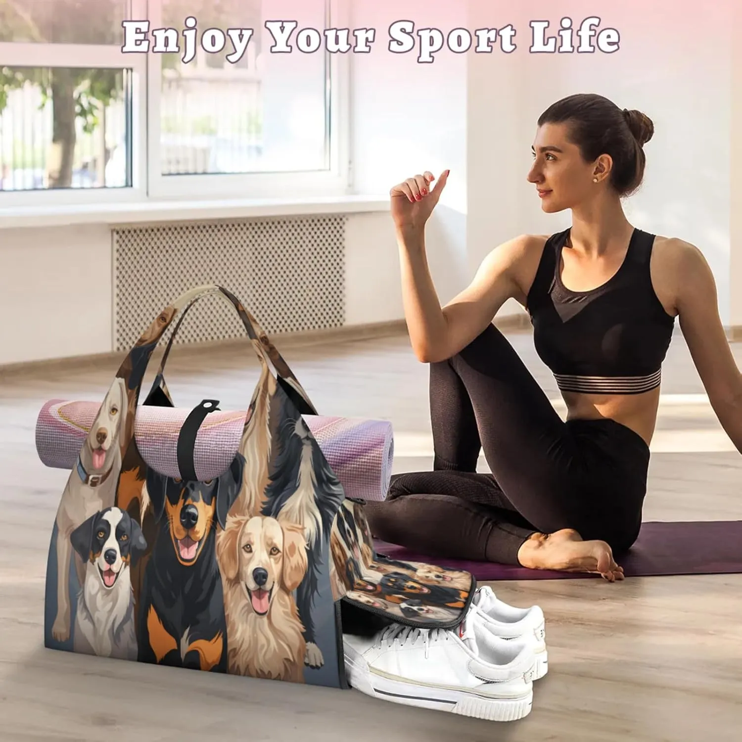 Happy Dog Gathering Waterproof Gym Bag for Men Women, Sports Duffel Bag with Shoe Compartment Yoga Mat Holder, Portable Large Travel Bag for Fitness, Camping, Weekend Trips