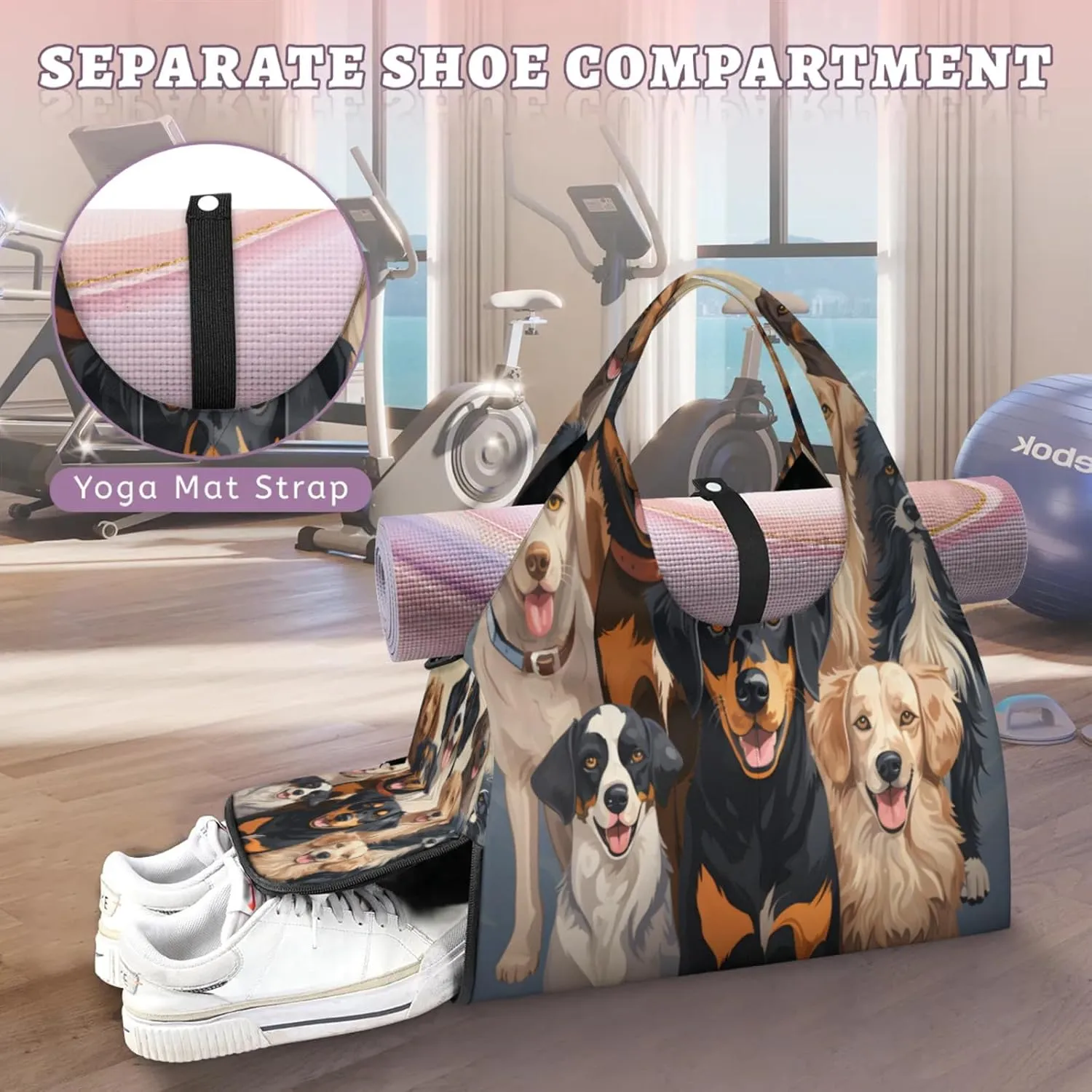 Happy Dog Gathering Waterproof Gym Bag for Men Women, Sports Duffel Bag with Shoe Compartment Yoga Mat Holder, Portable Large Travel Bag for Fitness, Camping, Weekend Trips