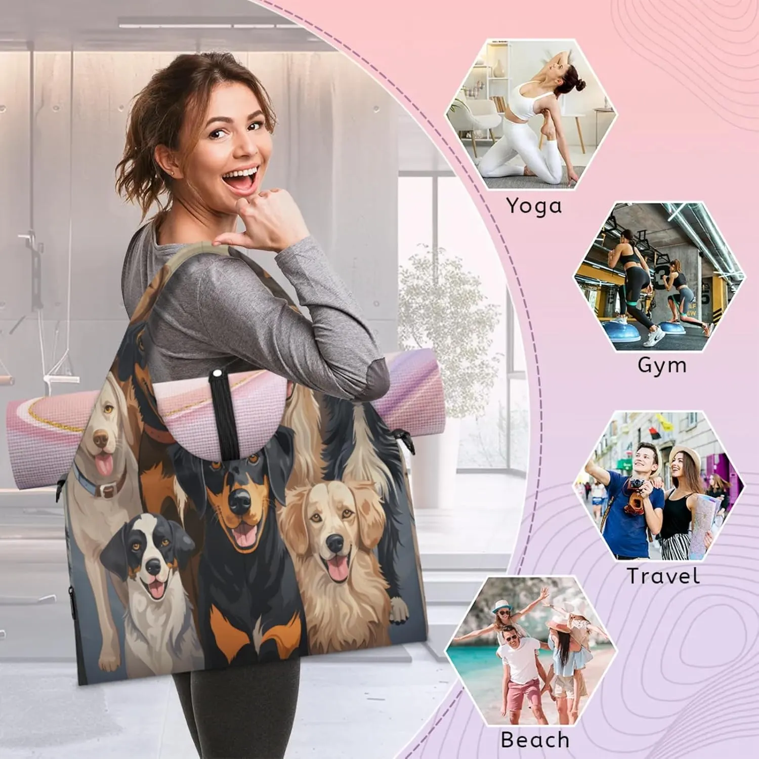 Happy Dog Gathering Waterproof Gym Bag for Men Women, Sports Duffel Bag with Shoe Compartment Yoga Mat Holder, Portable Large Travel Bag for Fitness, Camping, Weekend Trips