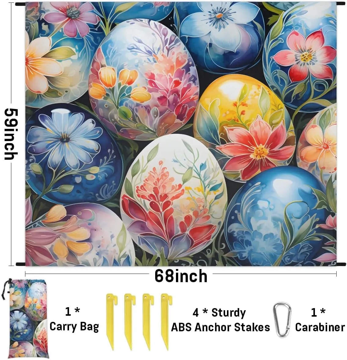 Happy Easter Egg Beach Blanket, Sandproof Beach Mat, 68 x 59 Waterproof Quick Drying Sand Free Mat with 4 x Ground Spikes for Outdoor Travel Camping Hiking, Flower Easter