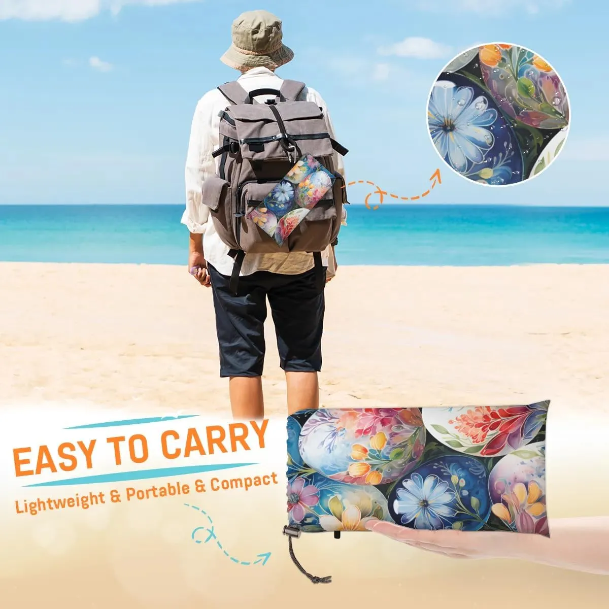 Happy Easter Egg Beach Blanket, Sandproof Beach Mat, 68 x 59 Waterproof Quick Drying Sand Free Mat with 4 x Ground Spikes for Outdoor Travel Camping Hiking, Flower Easter