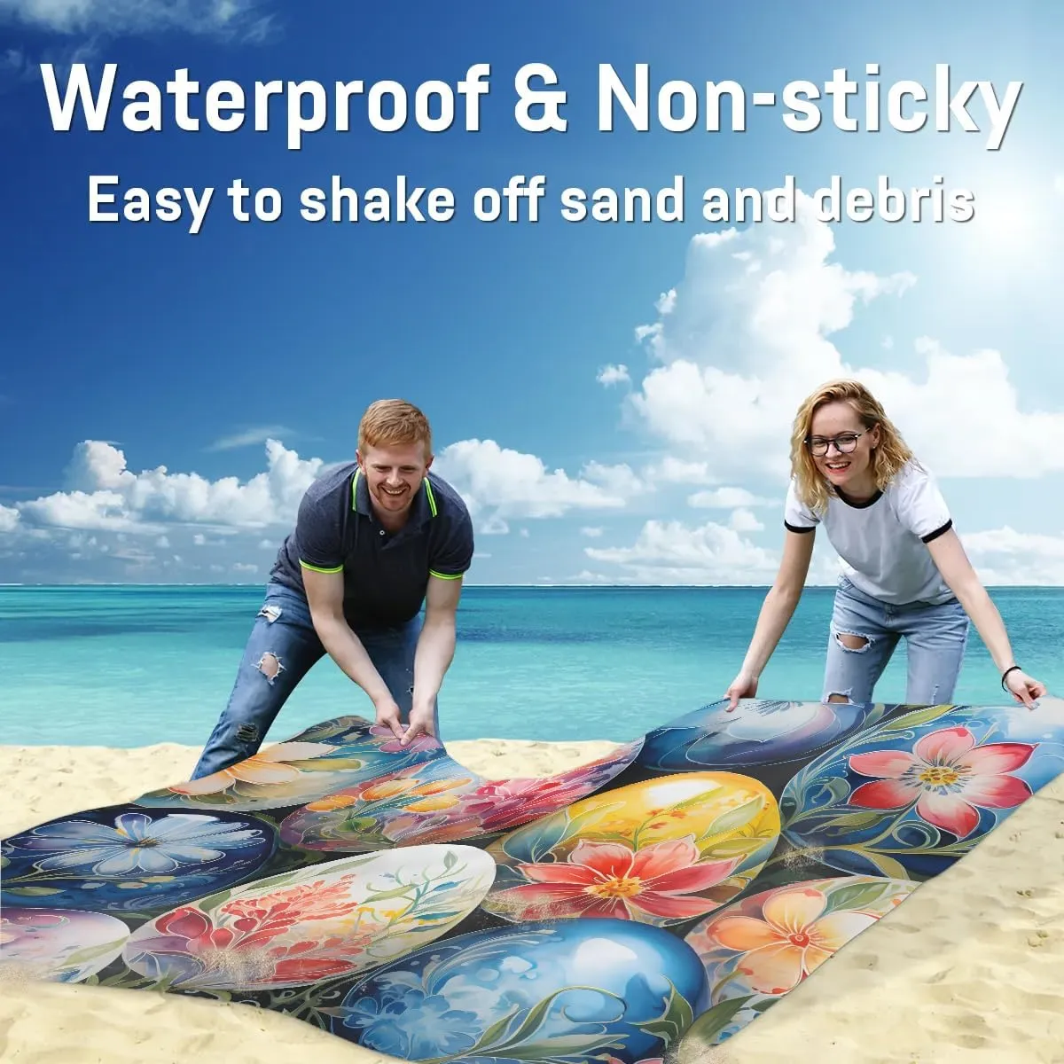 Happy Easter Egg Beach Blanket, Sandproof Beach Mat, 68 x 59 Waterproof Quick Drying Sand Free Mat with 4 x Ground Spikes for Outdoor Travel Camping Hiking, Flower Easter