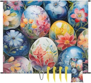 Happy Easter Egg Beach Blanket, Sandproof Beach Mat, 68 x 59 Waterproof Quick Drying Sand Free Mat with 4 x Ground Spikes for Outdoor Travel Camping Hiking, Flower Easter
