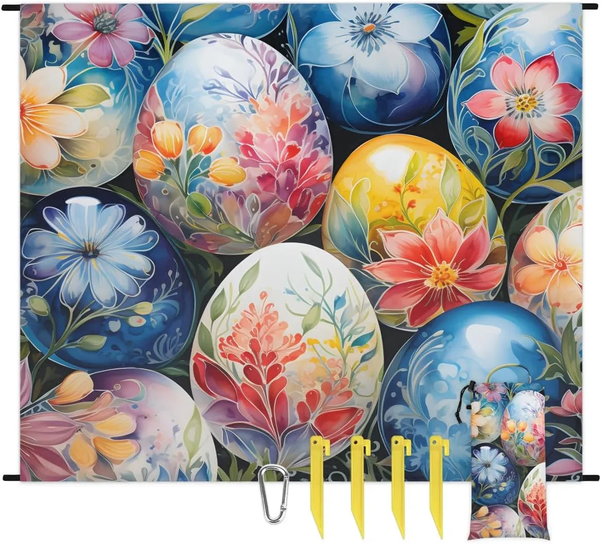 Happy Easter Egg Beach Blanket, Sandproof Beach Mat, 68 x 59 Waterproof Quick Drying Sand Free Mat with 4 x Ground Spikes for Outdoor Travel Camping Hiking, Flower Easter