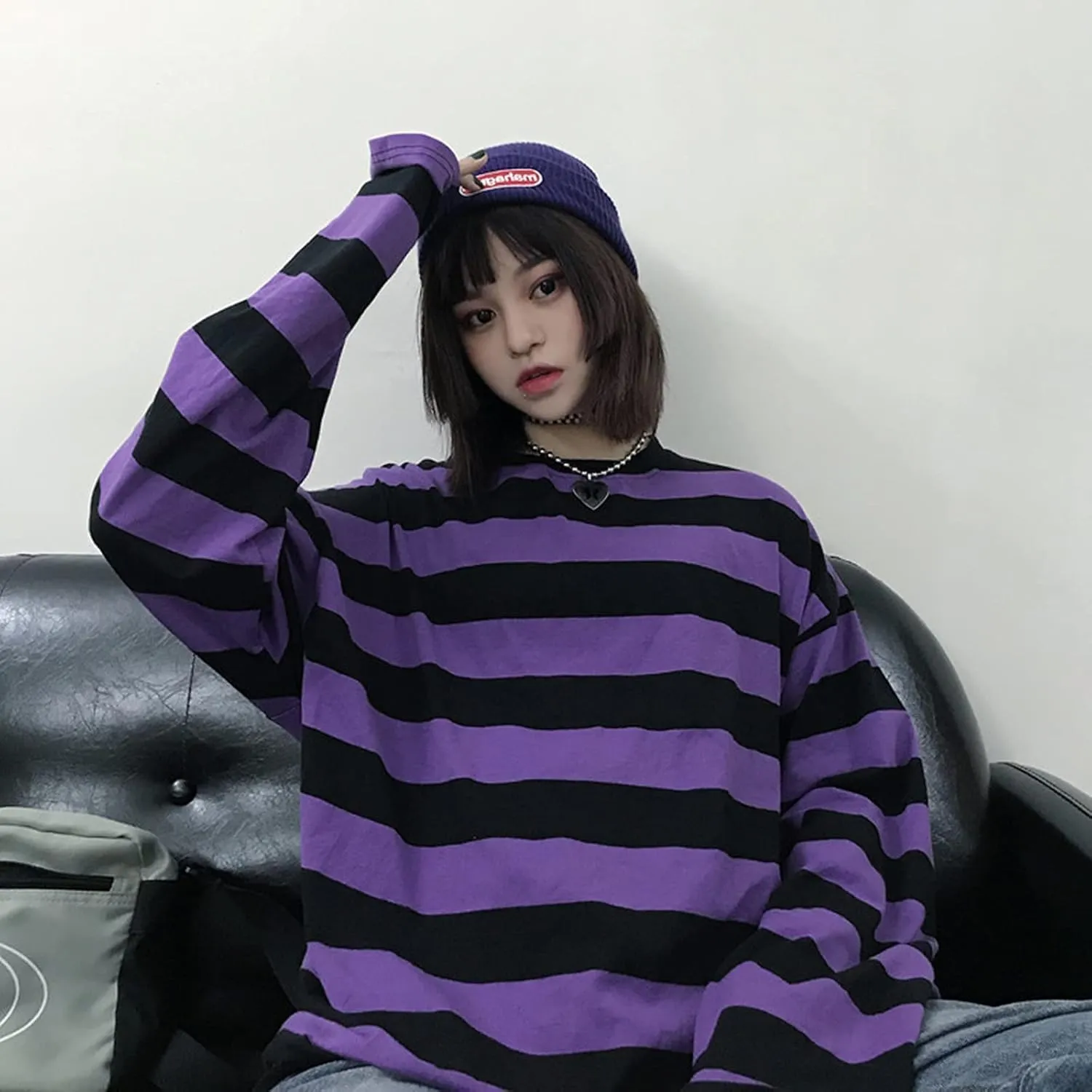 Harajuku Oversized Striped T-Shirt Y2K Long Sleeve Crewneck Baggy Clothes Vintage Streetwear Pullover