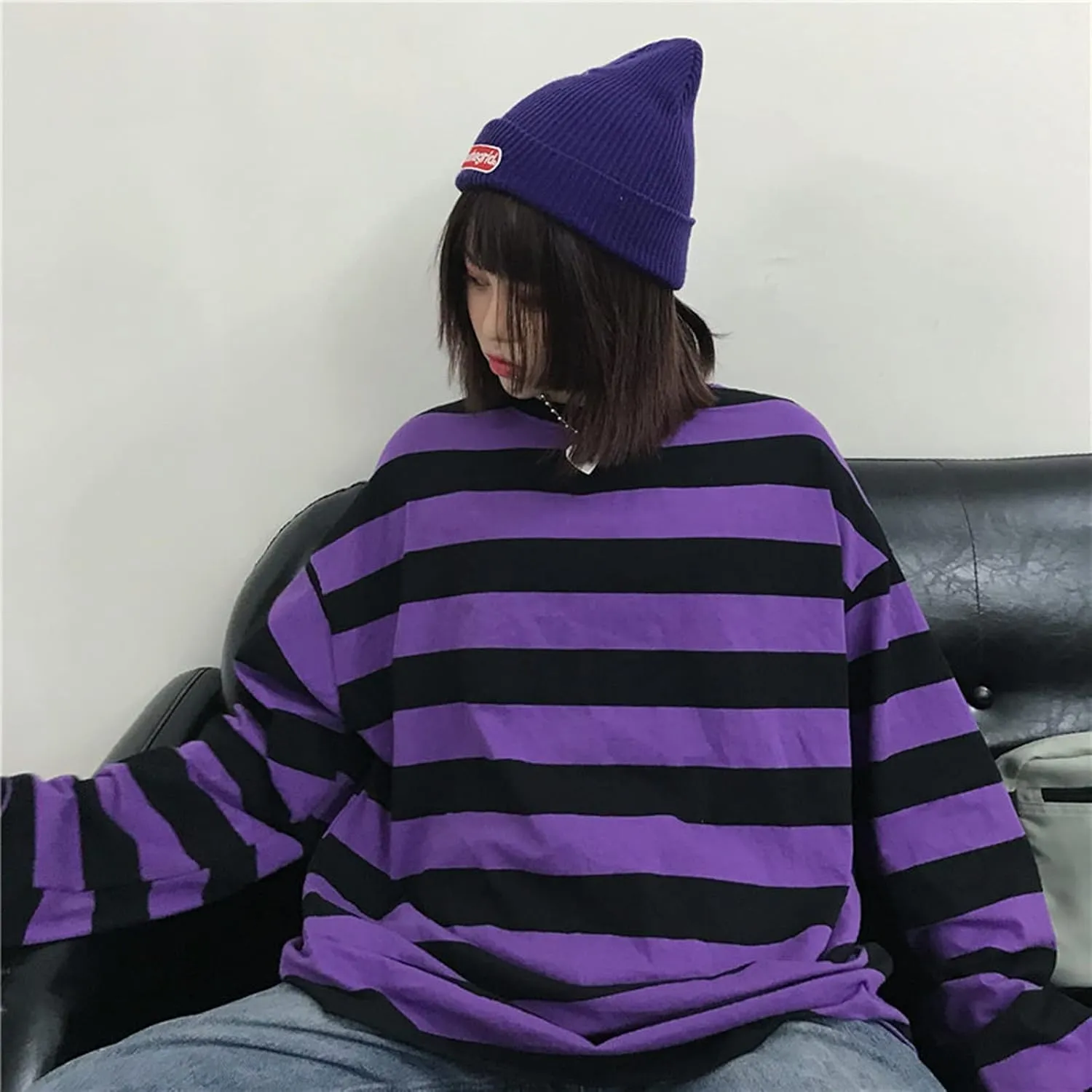 Harajuku Oversized Striped T-Shirt Y2K Long Sleeve Crewneck Baggy Clothes Vintage Streetwear Pullover