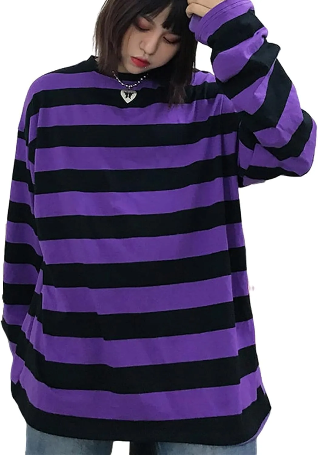 Harajuku Oversized Striped T-Shirt Y2K Long Sleeve Crewneck Baggy Clothes Vintage Streetwear Pullover