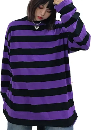 Harajuku Oversized Striped T-Shirt Y2K Long Sleeve Crewneck Baggy Clothes Vintage Streetwear Pullover