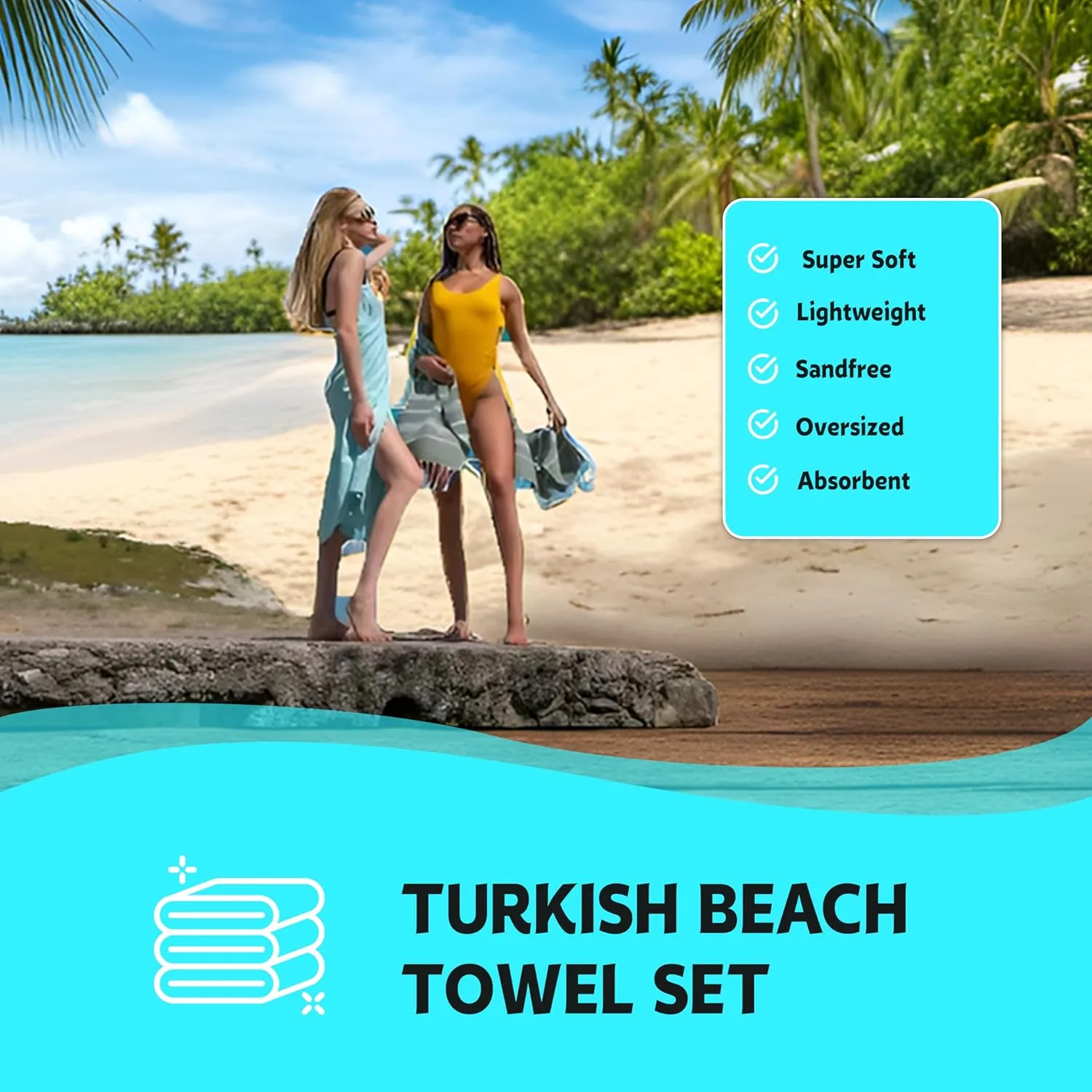 HAVLULAND |Pack of 2| Turkish Beach Towels Oversized 39x71, 100% Turkish Cotton Sand Free Quick Dry Absorbent Towel Travel Blanket for Adults Beach Gift Beach Essentials - Aquamarine