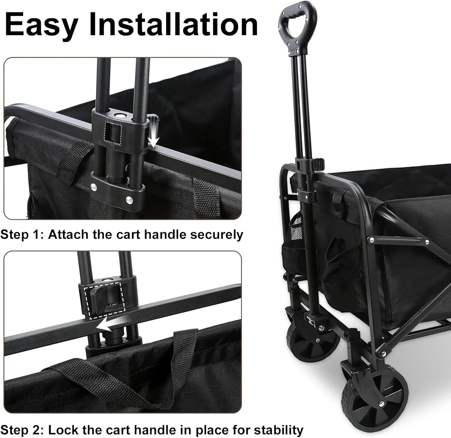 Heavy-Duty Collapsible Wagon Cart with Wheels, Lightweight Foldable Utility Cart with Adjustable Handle for Outdoor Use – Ideal for Grocery Shopping, Camping, Sports, Fishing, and More (Black)