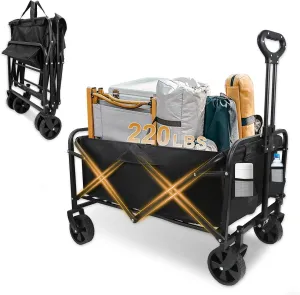 Heavy-Duty Collapsible Wagon Cart with Wheels, Lightweight Foldable Utility Cart with Adjustable Handle for Outdoor Use – Ideal for Grocery Shopping, Camping, Sports, Fishing, and More (Black)