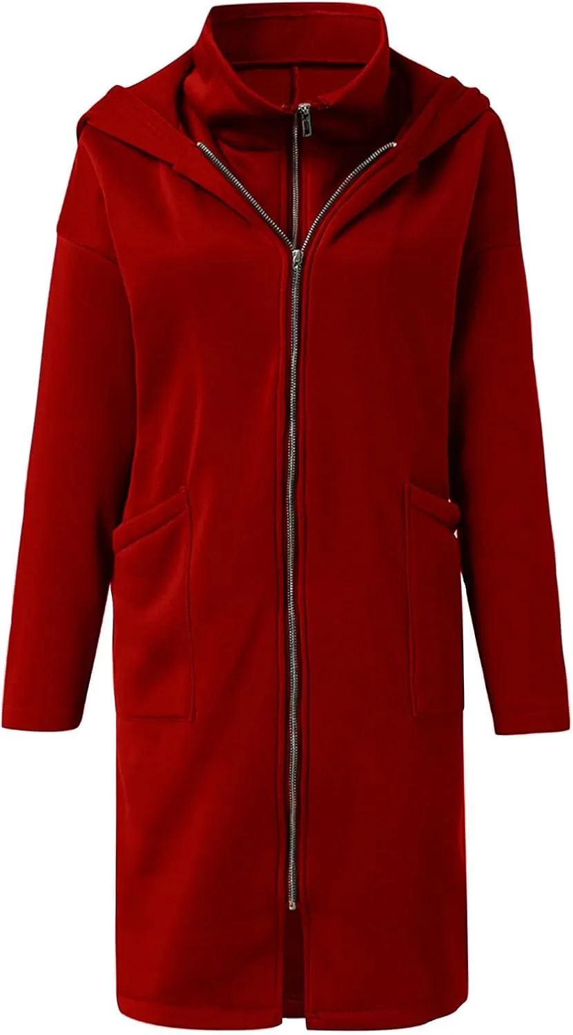 HGps8w Women's Double-Layered Zip Up Hoodies Casual Solid Baggy Tunic Sweatshirt Long Hooded Jacket Loose Outerwear