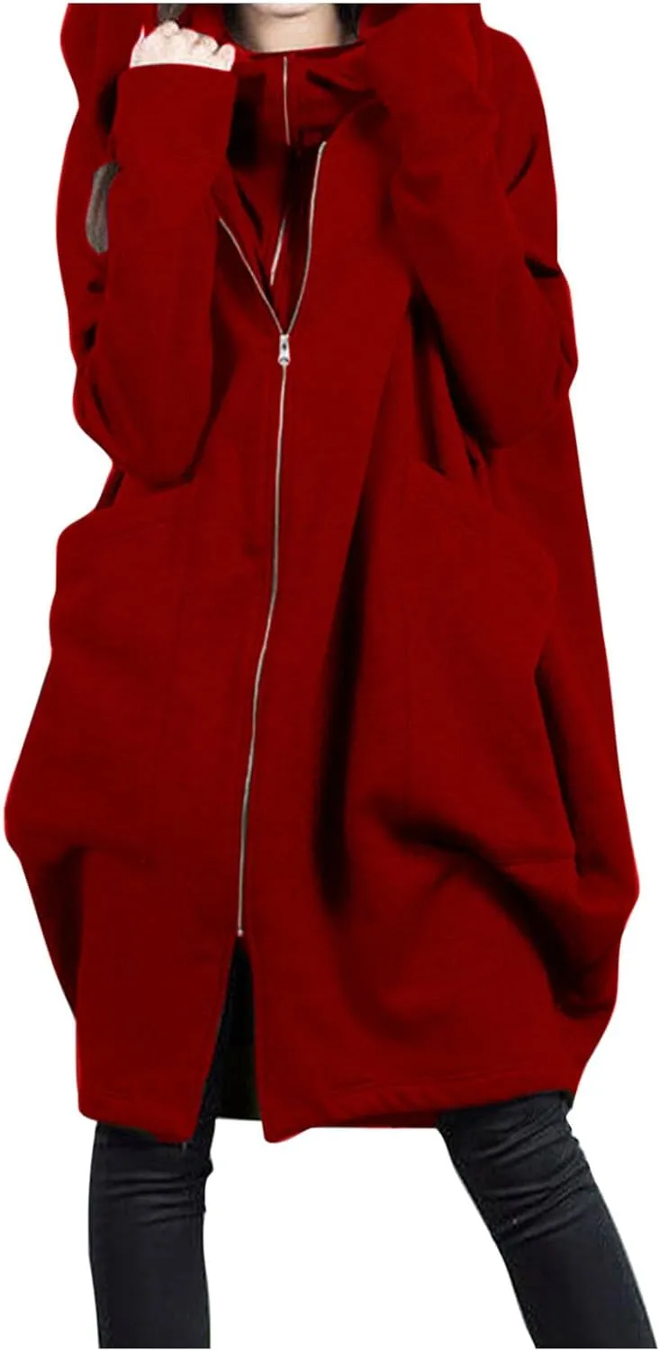 HGps8w Women's Double-Layered Zip Up Hoodies Casual Solid Baggy Tunic Sweatshirt Long Hooded Jacket Loose Outerwear