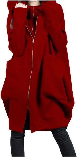 HGps8w Women's Double-Layered Zip Up Hoodies Casual Solid Baggy Tunic Sweatshirt Long Hooded Jacket Loose Outerwear