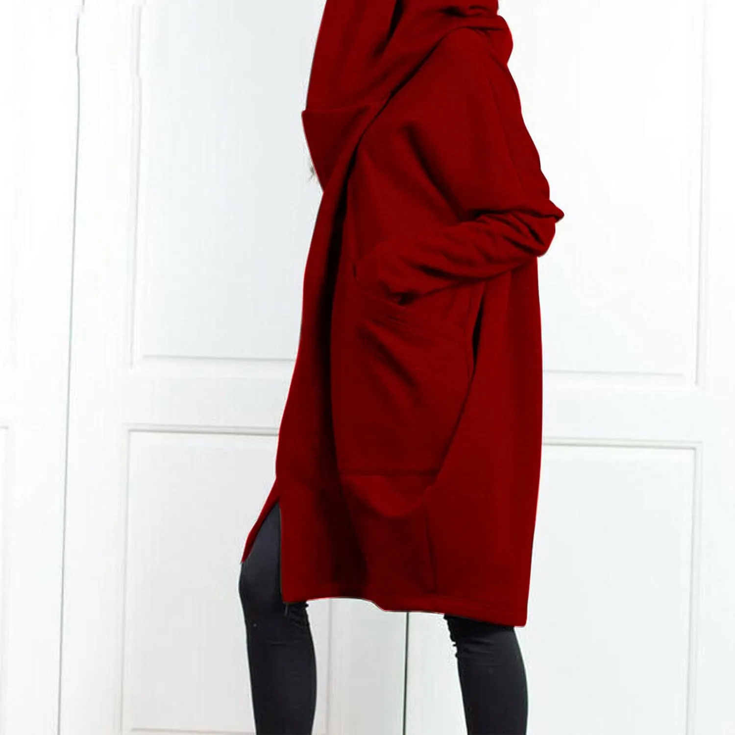 HGps8w Women's Double-Layered Zip Up Hoodies Casual Solid Baggy Tunic Sweatshirt Long Hooded Jacket Loose Outerwear