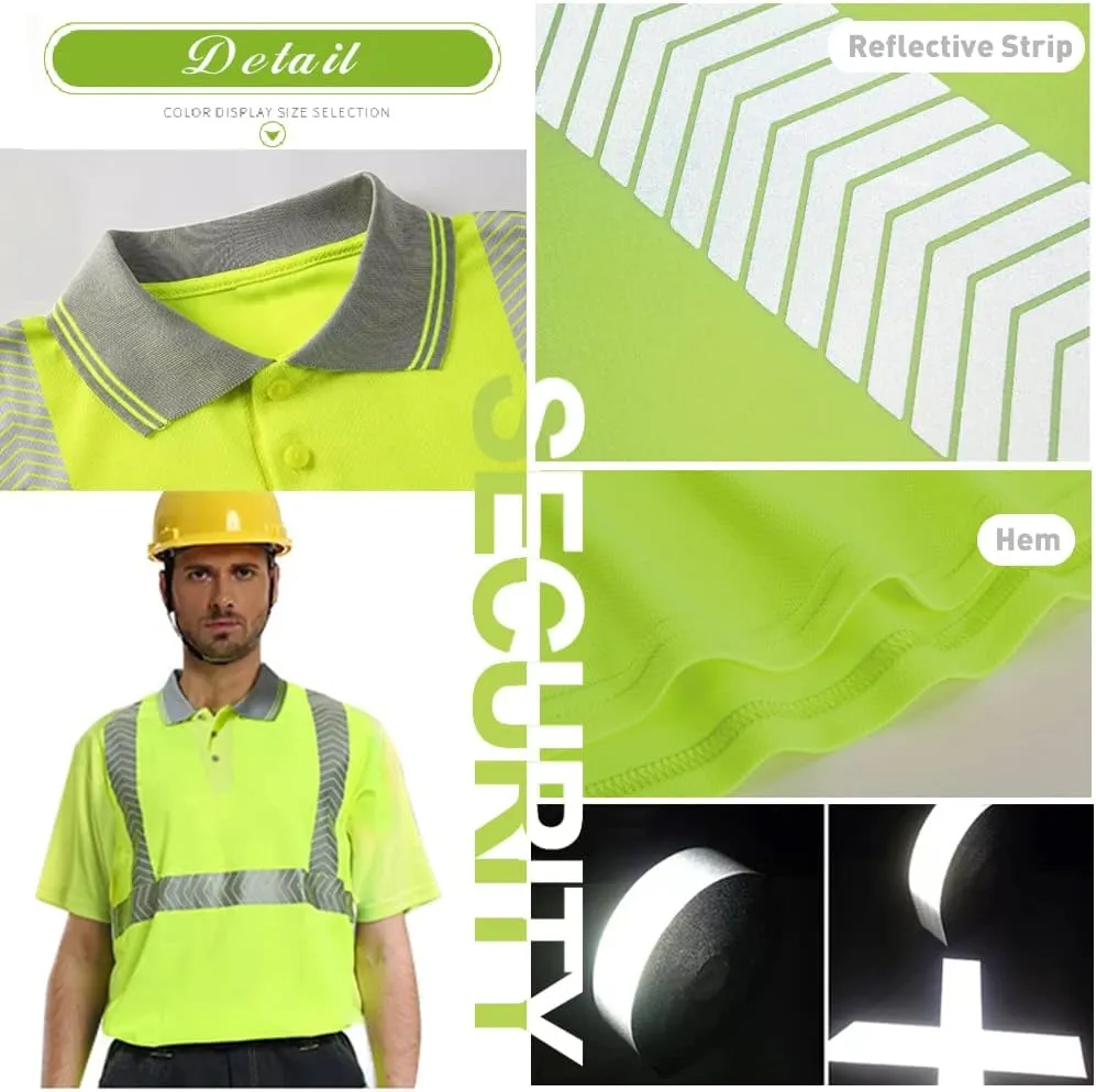 Hi Vis Safety Polo Shirt Custom Your Logo Short Sleeve T-Shirts with Reflective Strips