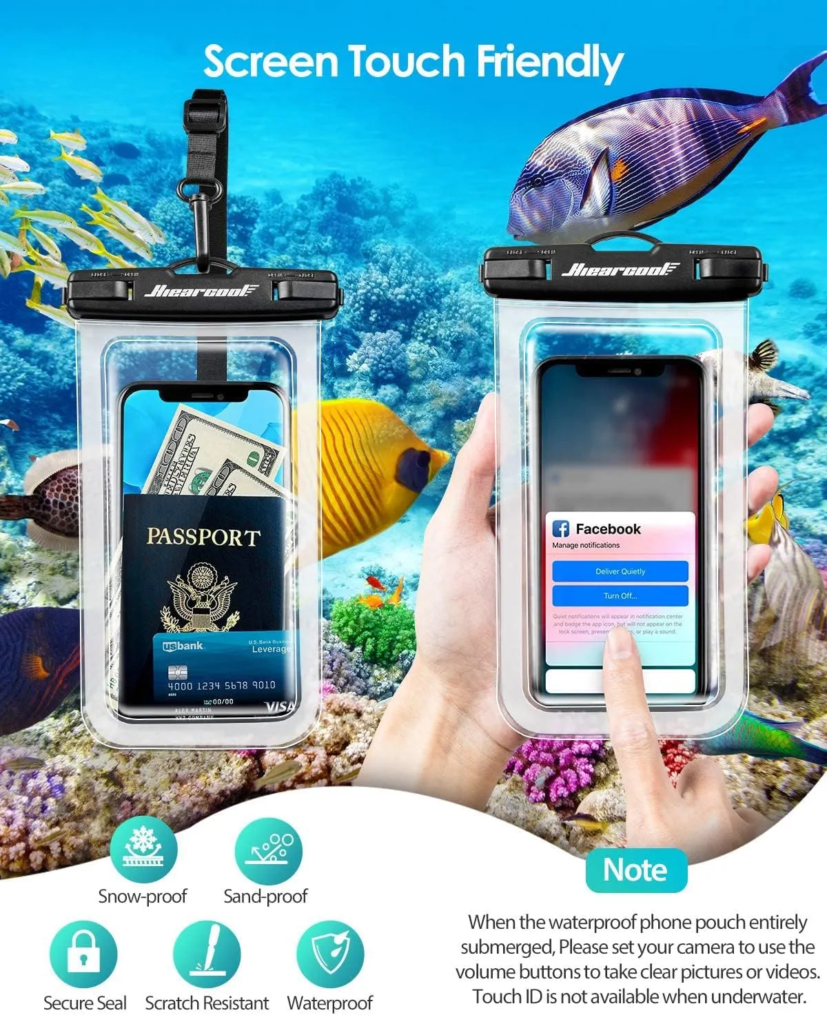 Hiearcool Waterproof Phone Pouch, Water Proof Phone Case for iPhone, Waterproof Cell Phone Dry Bag for Cruise Travel Vacation Essentials Large Waterproof Phone Holder 4 Pack-Black&Clear