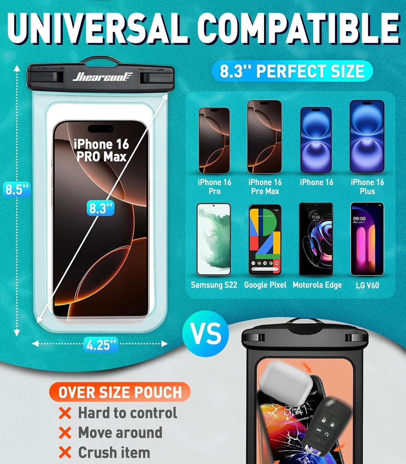 Hiearcool Waterproof Phone Pouch, Water Proof Phone Case for iPhone, Waterproof Cell Phone Dry Bag for Cruise Travel Vacation Essentials Large Waterproof Phone Holder 4 Pack-Black&Clear