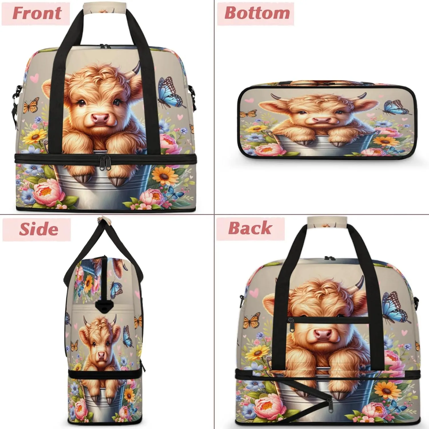 Highland Cow Flower Animal Travel Duffel Bags for Women & Men Large Sports Gym Bags Foldie Weekender Overnight Bag Carry On Tote Bag With Shoe Compartment Personal Item Luggage for Travel Sports Gym