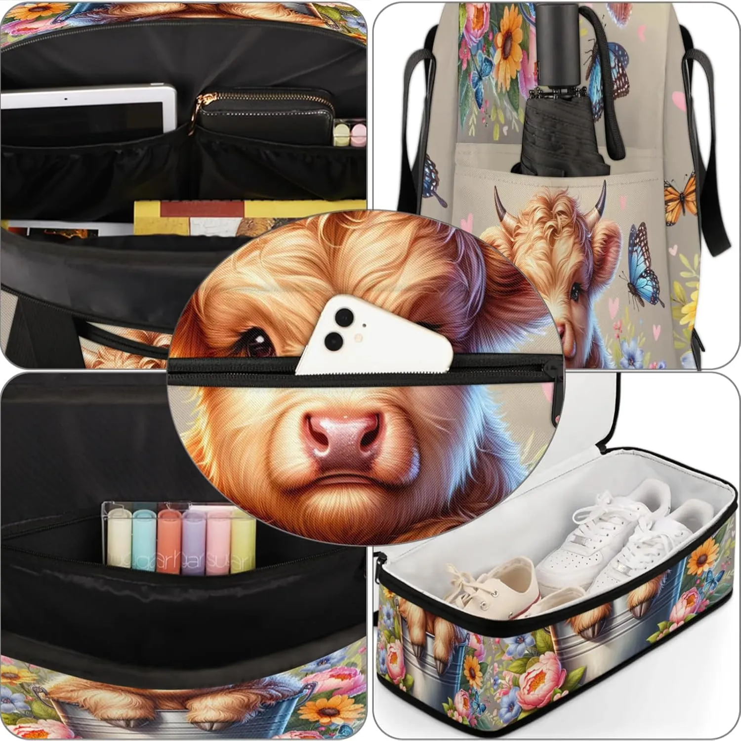Highland Cow Flower Animal Travel Duffel Bags for Women & Men Large Sports Gym Bags Foldie Weekender Overnight Bag Carry On Tote Bag With Shoe Compartment Personal Item Luggage for Travel Sports Gym